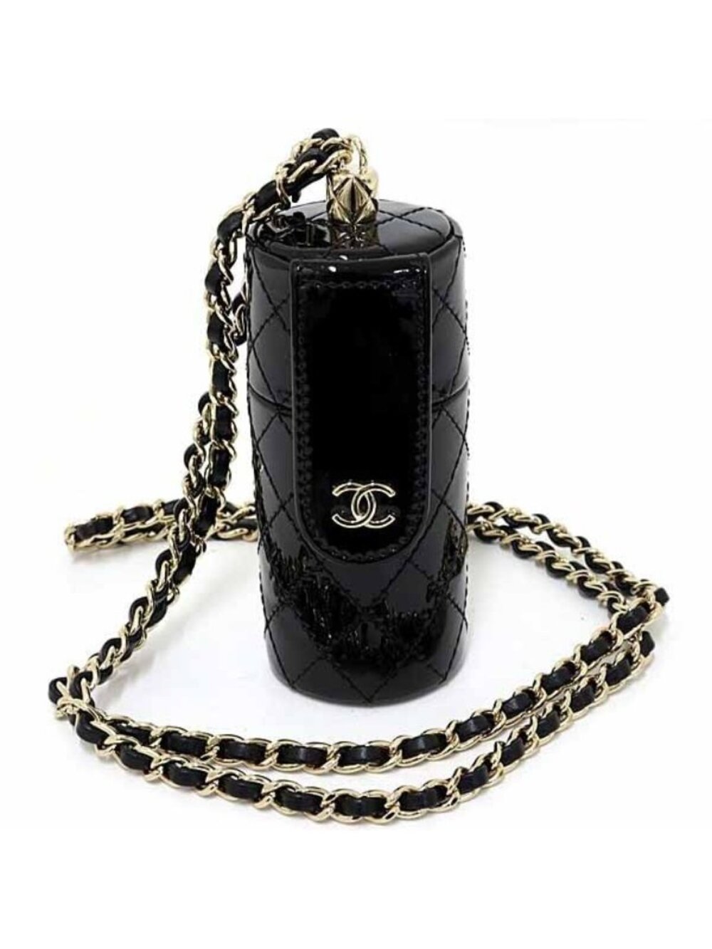Chanel Quilted Chain Shoulder Bag Lip Case Patent Leather Mirror Black S